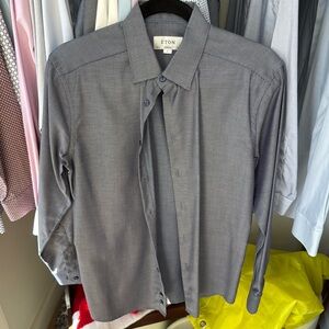 Worn once Eton Mens Button-Up Shirt Navy Dot Long Sleeve 15 1/2 Super Slim